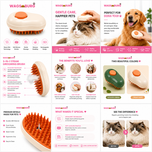 Wagsburg 3-in-1 Steam Pet Grooming Brush